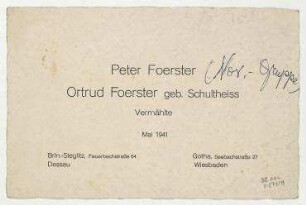 Vermählungsanzeige Peter Foerster und Ortrud Foerster (geb. Schultheiss). [Berlin]