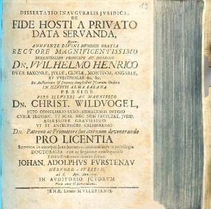 Dissertatio inauguralis iuridica de fide hosti a privato data servanda