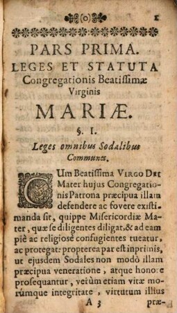 Leges Et Statuta Cum variis Precibus ac piis Exercitiis Congregationis Beatissimae Virginis Mariae, quae in Collegiis Societatis Jesu Instituta, Atque a Sede Apostolica Approbata, indulgentiis, & Gratiis donata & aucta est