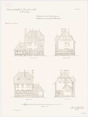 Landwirtschaftliche Versuchsanstalt, Bromberg Wohnhaus für den Obergärtner und den Rendanten mit angebautem Kesselhaus: Südansicht, Ostansicht, Nordansicht, Westansicht 1:100