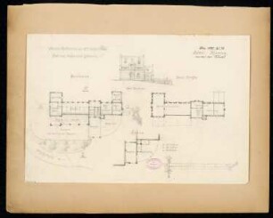 Stall- und Ökonomiegebäude Monatskonkurrenz Mai 1880: Lageplan mit Grundriss Erdgeschoss, Dachgeschoss, Keller (teilweise), Aufriss Seitenansicht von Westen; Maßstabsleiste