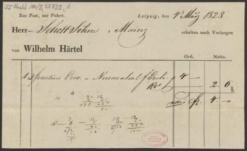 [Lieferschein] Zur Post, zur Fuhre. Herr Schott Söhne in Mainz erhalten nach Verlangen