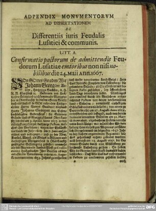 Appendix Monumentorum Ad Dissertationem De Differentiis iuris Feudalis Lusatici & communis