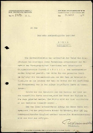 G. Rodenwaldt an DAI Athen