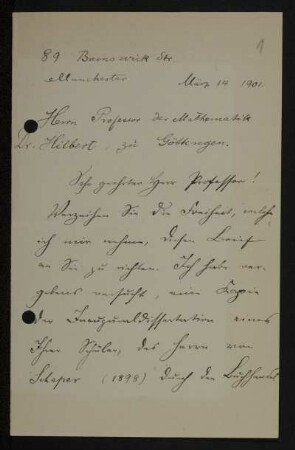 Nr. 1 Brief von Emanuel Lasker an David Hilbert. Manchester, 14.3.1901