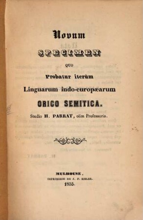 Novum specimen quo Probatur iterum Linguarum indo-europæarum origo semitica