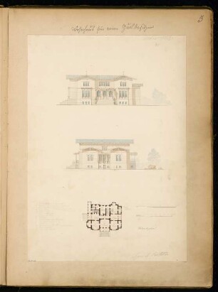 Wohnhaus für einen Gutsbesitzer Monatskonkurrenz März 1859: Grundriss Hochparterre, Aufriss Vorderansicht, Seitenansicht; 2 Maßstabsleisten