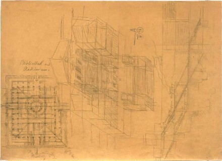 Thiersch, August; Alexandria (Ägypten); Serapeum von Alexandria - Ost - Aufgang, Bibliothek und Auditorium (Grundriss, Ansicht), Treppen (Schnitte)