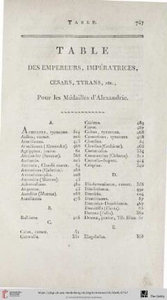 Table des empereurs, impératrices, cesars, tyrans etc.