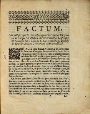 Factum pour justifier, que S. A. S. Mons. le Prince de Carignan est le seul qui soit appellé à la Souveraineté de Neufchatel