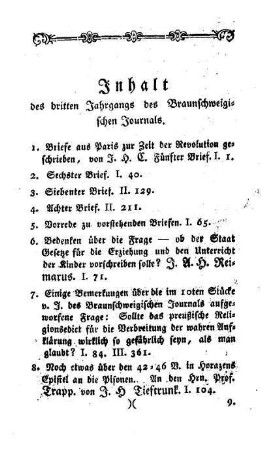 Inhalt des dritten Jahrgangs des Braunschweigischen Journals