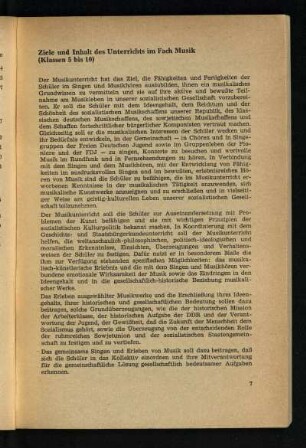 Ziele und Inhalt des Unterrichts im Fach Musik (Klassen 5 bis 10)