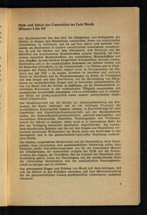 Ziele und Inhalt des Unterrichts im Fach Musik (Klassen 5 bis 10)