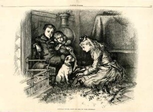 Christmas fancies - "Don't you wish you wore stockings?" : Kinder sitzen am Weihnachtsabend vor einem Kamin. Ein Mädchen fragt einen Hund, ob er nicht lieber Socken tragen würde