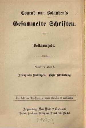 Conrad von Bolanden's Gesammelte Schriften, 3. Franz von Sickingen ; 1 : Volksroman