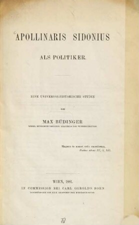 Apollinaris Sidonius als Politiker : eine universalhistorische Studie