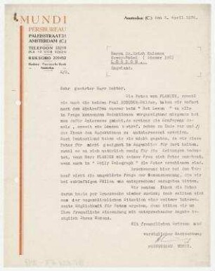Brief von Mundi, Persbureau, Amsterdam an Erich Salomon