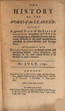 The history of the works of the learned. 1740,2