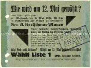 Aufruf der SPD zu einer Veranstaltung am 12. Mai 1929 in Kauschwitz und zur sächsischen Landtagswahl