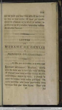 Lettre De Madame De Genlis A Monsieur De Chartres