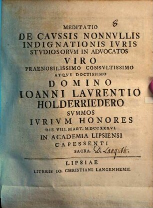 Meditatio de caussis nonnullis indignationis iuris studiosorum in advocatos