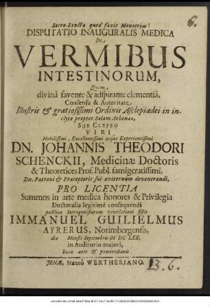 Disputatio Inauguralis Medica De Vermibus Intestinorum