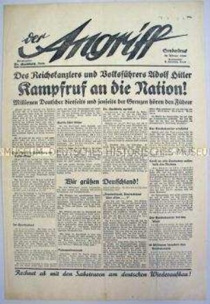 Sonderausgabe der NS-Zeitung "Der Angriff" zur Reichstagswahl im März 1933 mit Auszügen aus der Rede Hitler im Sportpalast