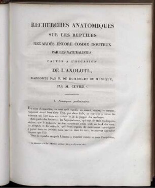 Recherches Anatomiques sur les Reptiles Regardés Encore Comme Douteux par les Naturalistes.