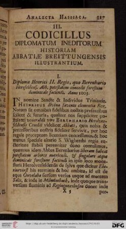 III. Condicillus diplomatum ineditorum historiam abbatiae Breittungensis illustrantium