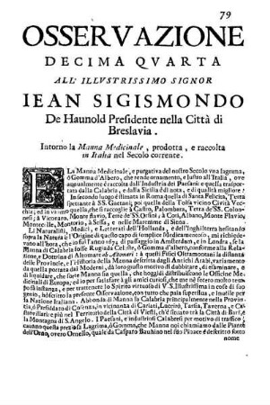 Osservazione Decima Quarta all'Illustriss. et Eccell. Sig. Iean Sigismondo De Haunold ...
