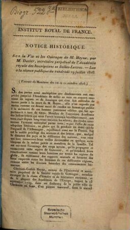 Notice historique sur la vie et les ouvrages de M. Heyne : Institut royal de France