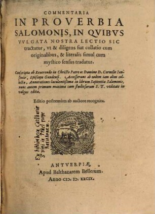 In Proverbia Salomonis ... Commentaria