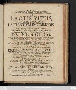 Dissertatio Inavgvralis Medica De Lactis Vitiis, Et Exinde Prognatis Lactantivm Incommodis