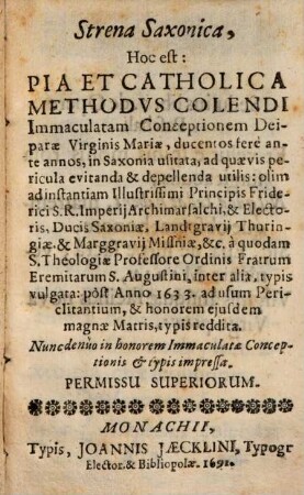 Strena Saxonica, h. e. pia ... methodus colendi immaculatam conceptionem Deiparae Virginis Mariae