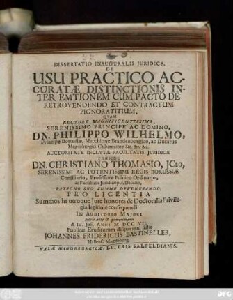 Dissertatio Inauguralis Juridica, De Usu Practico Accuratæ Distinctionis Inter Emtionem Cum Pacto De Retrovendendo Et Contractum Pignoratitium
