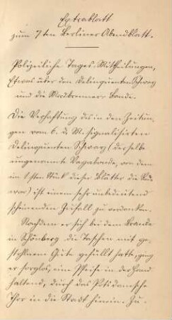 Extrablatt zum 7ten Berliner Abendblatt. [handschriftlich, lithographiert]