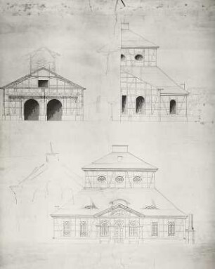 Happelshütte bei Schmalkalden: Straßenansicht (Ostseite des Hüttengebäudes), halbe Seitenansicht und Schnitt durch die Gußhalle
