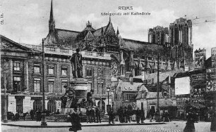 "Reims. Königsplatz mit Kathedrale" (Zeichnung) Feldpostkarte vom 18.05.1916 an Babette Müller, Ellerstadt, von Musketier Müller, Jakob, 2. Kompanie, Infanterie-Regiment 185, 58. Infanterie-Division