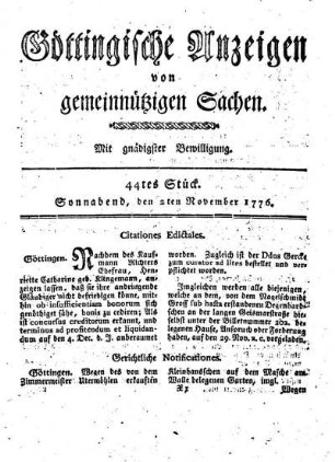 44tes Stück. Sonnabend, den 2ten November 1776.