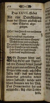 Das XXVII. Gebet Als eine Dancksagung wann das Wetter glücklich und ohne Schaden abgegangen. - Das XXVIII. Danck-Gebet Nach glücklich abgegangenem Wetter.