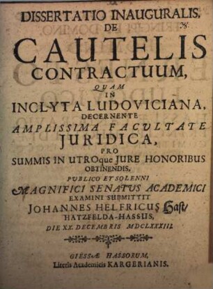 Dissertatio Inauguralis, De Cautelis Contractuum