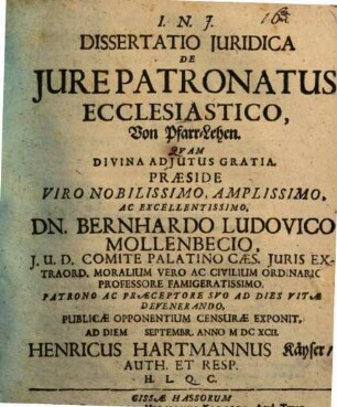 Diss. ... de iure patronatus ecclesiastico