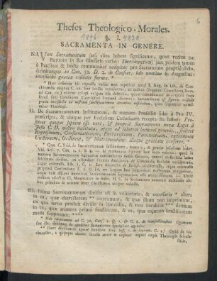 Theses Theologico-Morales : §. I. Sacramenta In Genere [... II. Baptismus ... III. Confirmatio, Et Eucharistia ...]