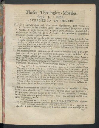 Theses Theologico-Morales : §. I. Sacramenta In Genere [... II. Baptismus ... III. Confirmatio, Et Eucharistia ...]