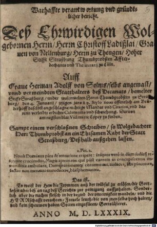 Warhaffte verantwortung ... Graven von Nellenburg ... Stifft Straßburch Thumbprobsten ... Auff Grave Hermann Adolff von Solms ... schmehung ...
