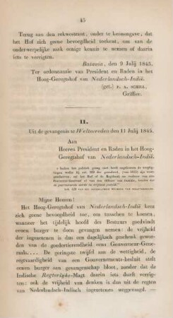 II. Uit de gevangenis te weltvreden den 11 Julij 1845. Aan heeren president en raden in het hoog-geregtshof van Nederlansch-Indie