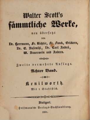 Walter Scott's sämmtliche Werke, 8. Kenilworth : ein Roman