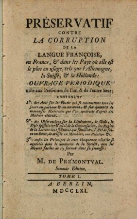 Préservatif contre la corruption de la langue Françoise. 1. (1761)