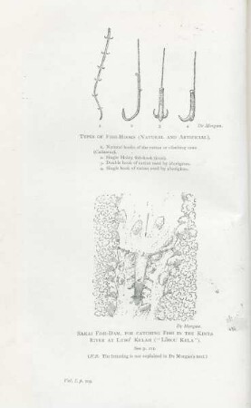 Types of fish-hooks (natural and artifical). Sakai fish-dam, for catching fish in the Kinta River at Lubo' Kelah