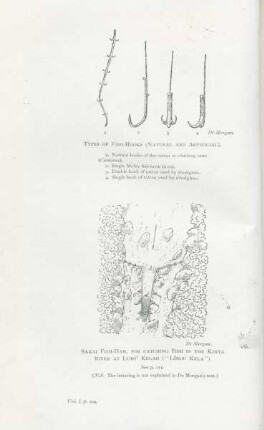 Types of fish-hooks (natural and artifical). Sakai fish-dam, for catching fish in the Kinta River at Lubo' Kelah